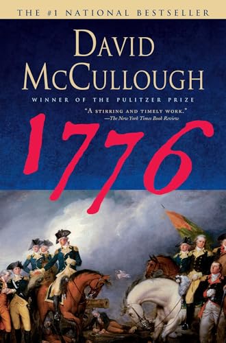Book cover of "1776" by David McCullough, featuring the title in large red numbers and an 18th-century battle scene with soldiers at the bottom.